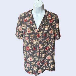 Karen Kane 90s floral rayon camp shirt blouse S charcoal rose button front